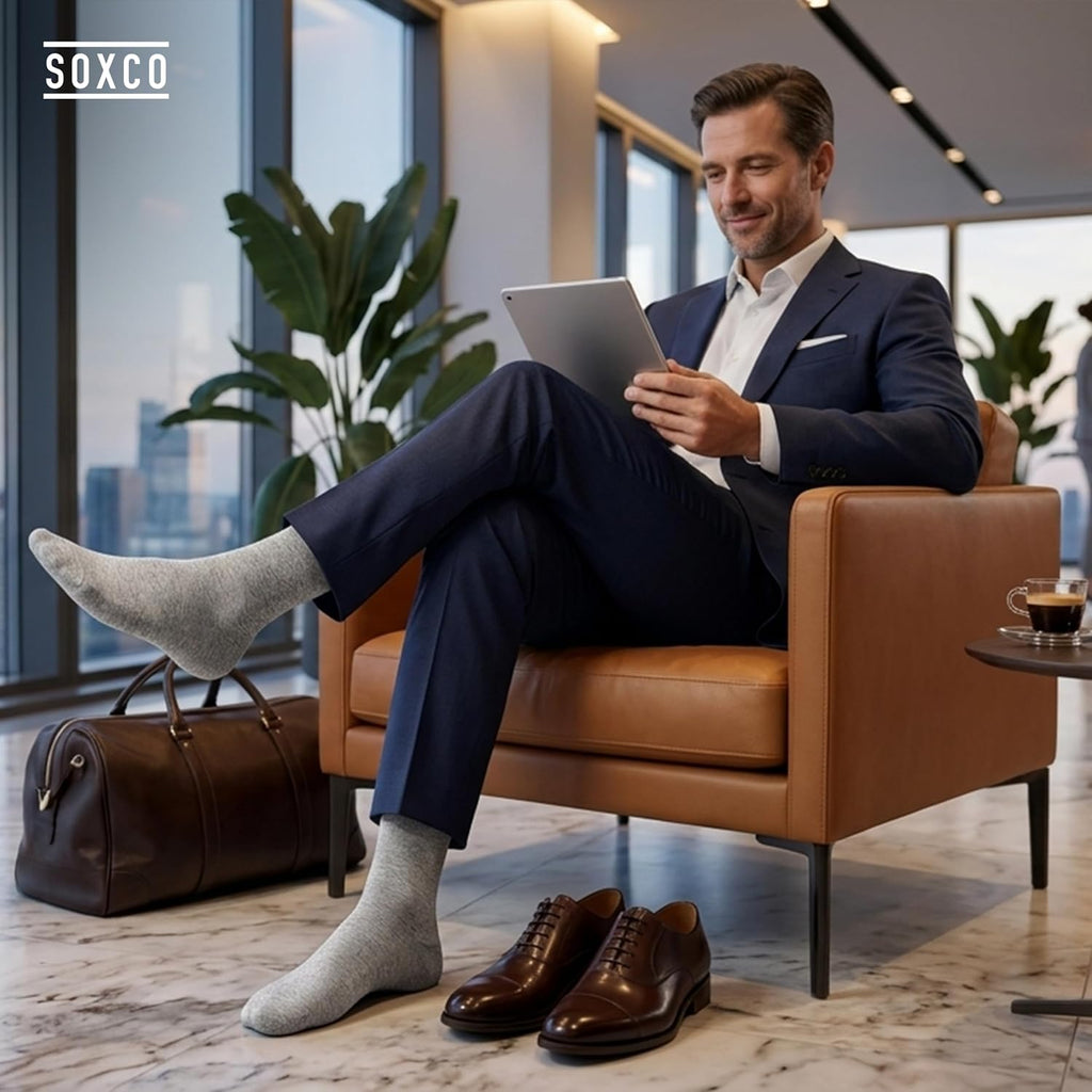 SOXCO Lot de 12 paires de chaussettes homme | Chaussettes habillées mi-mollet riches en coton | Tissu respirant idéales pour le travail et le quotidien | Noir, Blanc, Gris, Bleu Marine