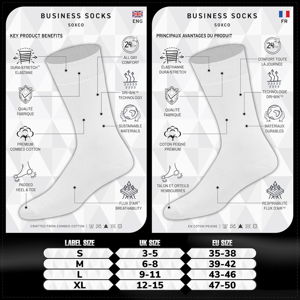 SOXCO Lot de 12 paires de chaussettes homme | Chaussettes habillées mi-mollet riches en coton | Tissu respirant idéales pour le travail et le quotidien | Noir, Blanc, Gris, Bleu Marine