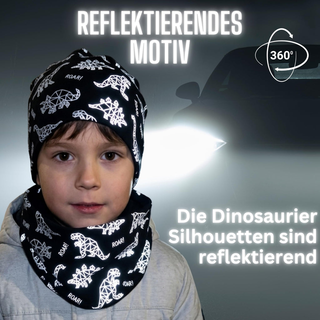 HECKBO 360° Reflektor Kinder Mütze & Loop Schal Set - 95% Baumwolle - weiches & pflegeleichtes Stretch-Material - Beanie Frühling Herbst Winter (48-54 cm)