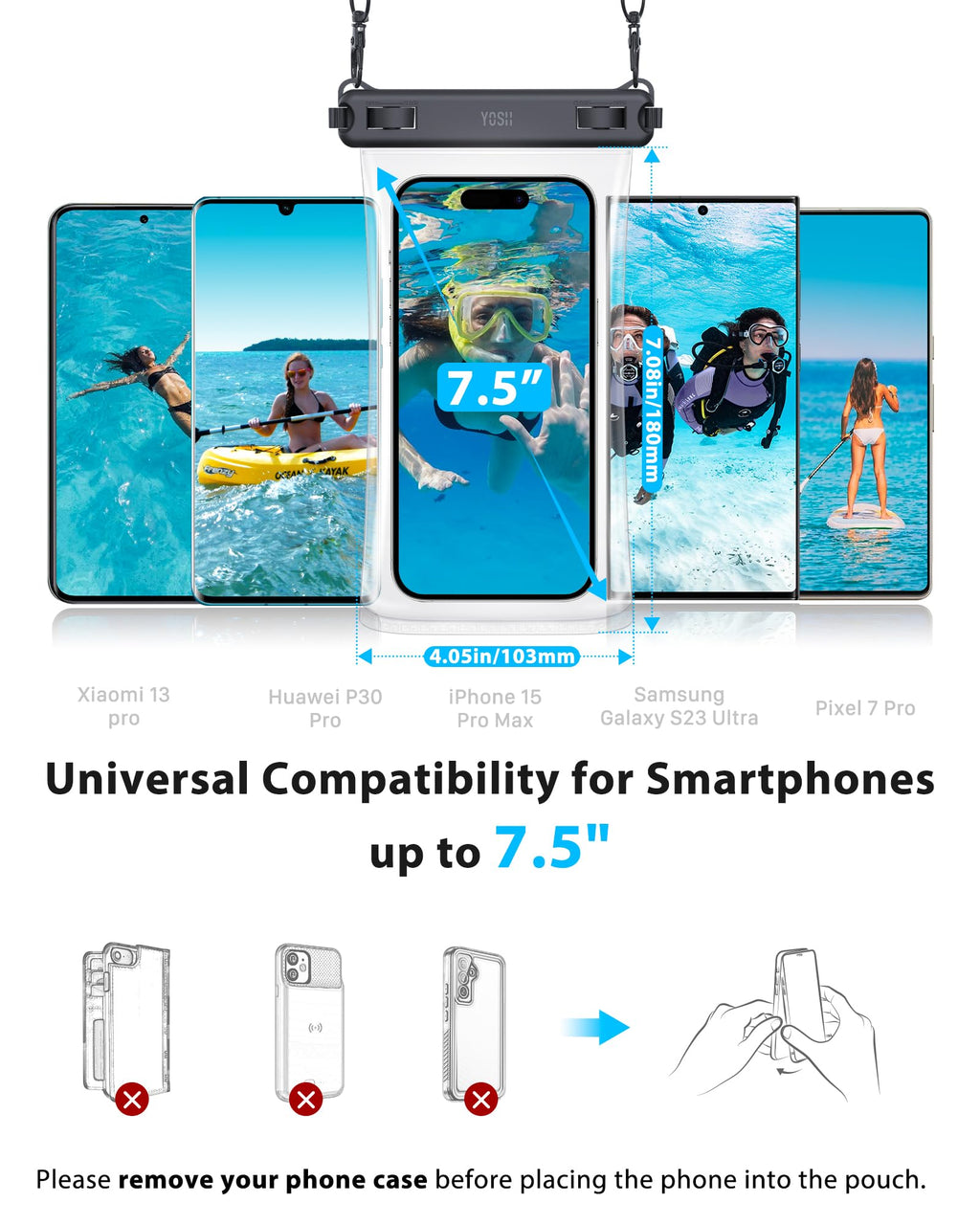 YOSH wasserdichte Handyhülle [Schwimmende & Nahtloser] 2 STK., bis zu 7,5"