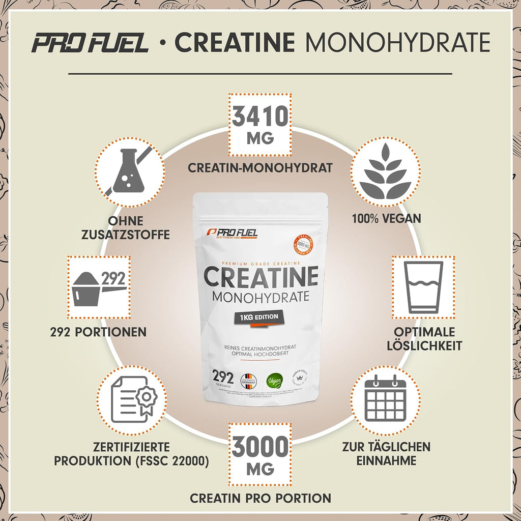 Creatin Monohydrat Pulver 1kg / 1000g reines Kreatin Monohydrat in mikronisierter Qualität - Creatine-Monohydrate mit 3000 mg Creatine pro Tag - Creatin-Pulver 100% vegan - Vorrat für 292 Tage