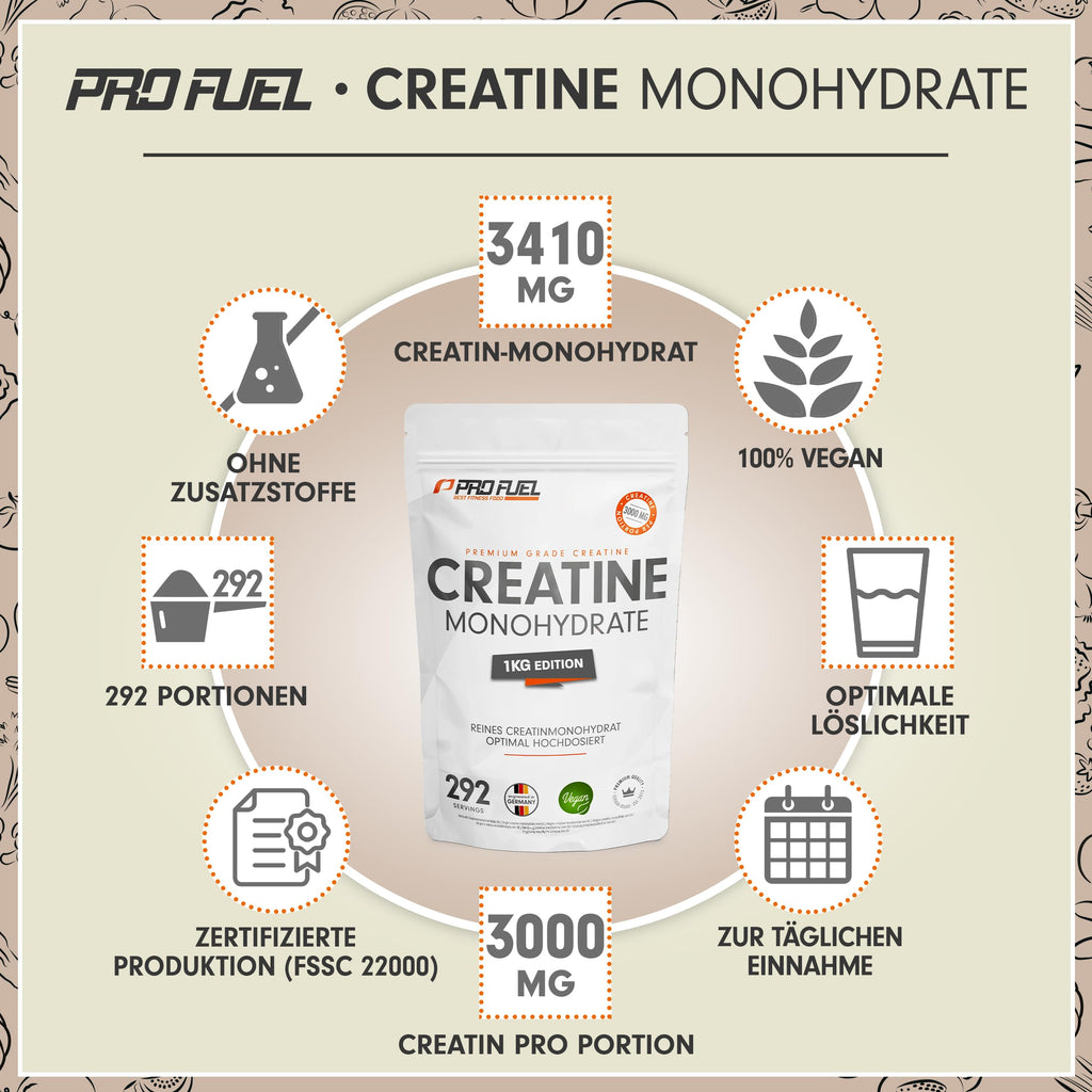 Creatin Monohydrat Pulver 1kg / 1000g reines Kreatin Monohydrat in mikronisierter Qualität - Creatine-Monohydrate mit 3000 mg Creatine pro Tag - Creatin-Pulver 100% vegan - Vorrat für 292 Tage