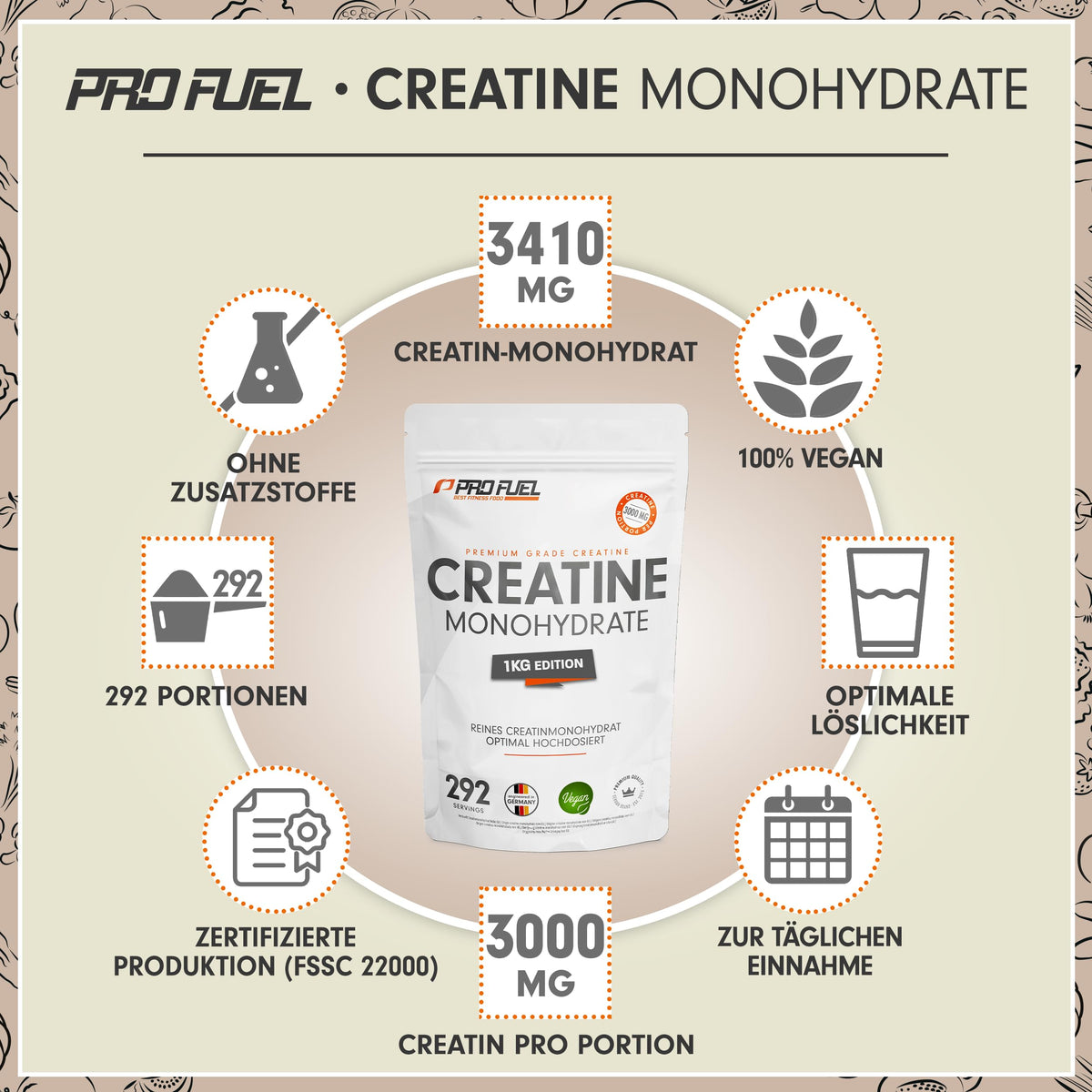 Creatin Monohydrat Pulver 1kg / 1000g reines Kreatin Monohydrat in mikronisierter Qualität - Creatine-Monohydrate mit 3000 mg Creatine pro Tag - Creatin-Pulver 100% vegan - Vorrat für 292 Tage