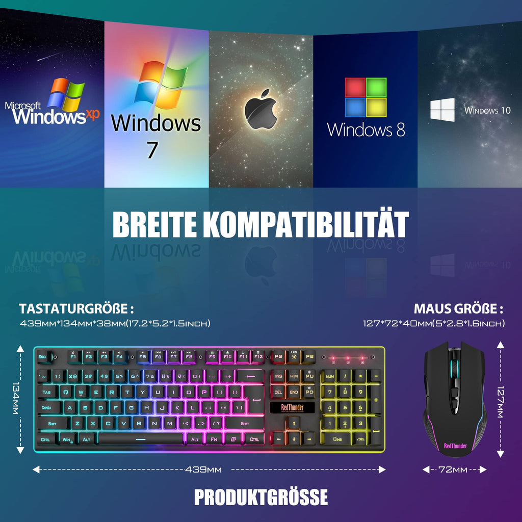 RedThunder K10 Kabelloses Gaming Tastatur und Maus Set, QWERTZ DE-Layout LED Hintergrundbeleuchtung, 3000mA Batteriekapazität und 3200 DPI für Gamer(Weiß)