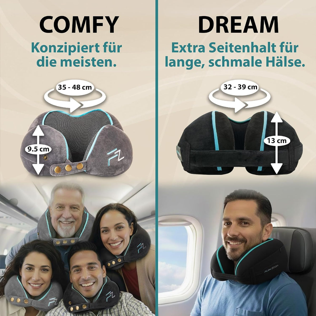 FLOWZOOM Comfy Nackenkissen Flugzeug & Auto mit Kapuze - Einstellbares Memory Foam Reisekissen mit Druckknöpfen für 360° Stütze, weicher Bezug - inkl. Transportbeutel - Grau
