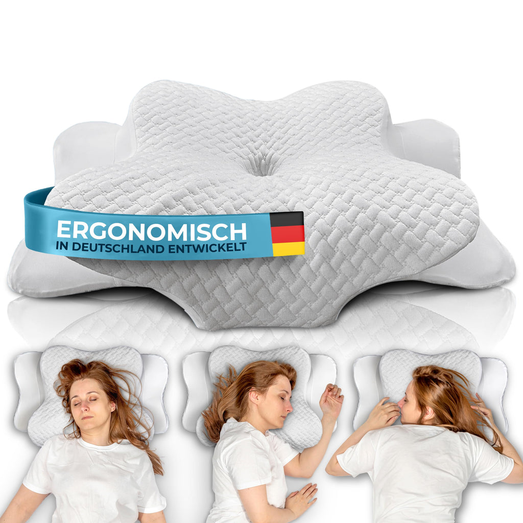 Glückstoff® Ergonomisches Kissen (für alle Schlaftypen) Kopfkissen aus Memory Foam | Nackenstützkissen Ergonomisches Kopfkissen Seitenschläferkissen Grau