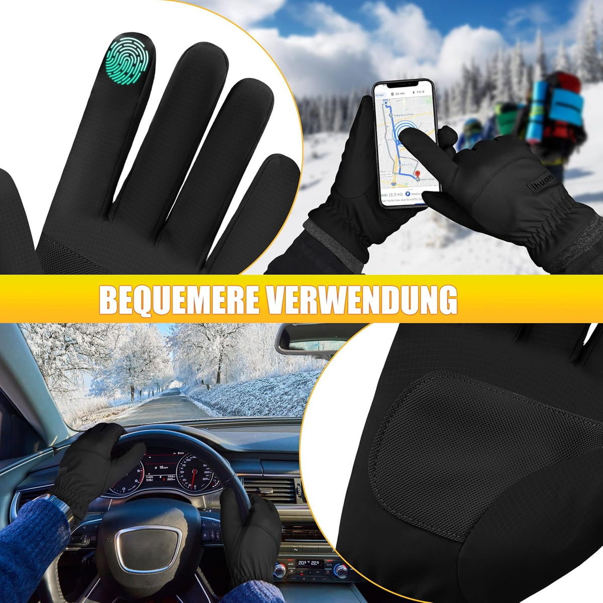 ihuan Thermo Fahrradhandschuhe für Damen und Herren – Warme Winter- und Schneehandschuhe, touchscreen-kompatibel, wasserdicht, winddicht und rutschfest, Sporthandschuhe zum Radfahren, Laufen, Skifahren und Wandern