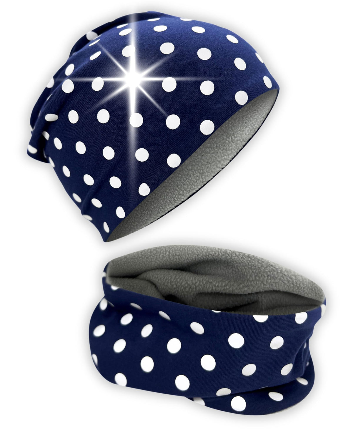 HECKBO 360° Reflektor Kinder Mütze & Loop Schal Set - 95% Baumwolle - weiches & pflegeleichtes Stretch-Material - Beanie Frühling Herbst Winter (48-54 cm)