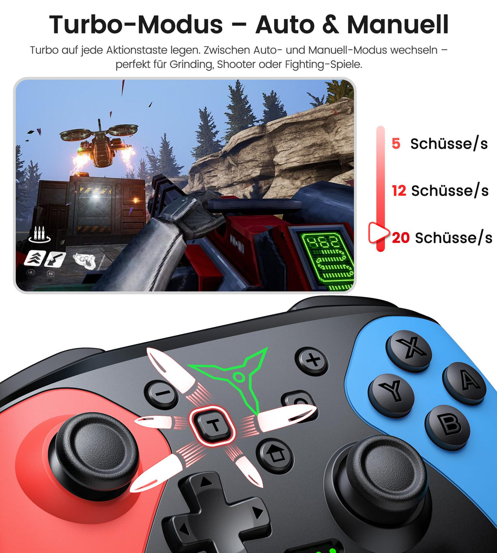 HELLCOOL Switch Controller, Kabellos Switch Pro Controller für Switch/Lite/OLED Konsole, Macro/Turbo/Aufwachfunktion, Präzise Steuerung, Dual Motors Vibration, 15 Std Spieldauer
