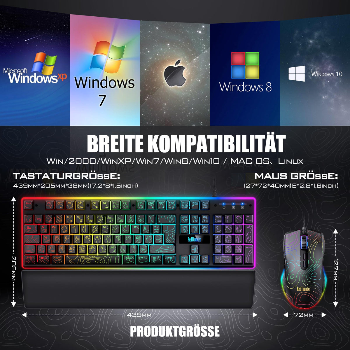 RedThunder K10 Gaming Tastatur und Maus Set, QWERTZ DE-Layout, Metallplatte und Handballenauflager，RGB-Hintergrundbeleuchtung - und 7D mit Ergonomische - für PC Mac Gamer(Weiß)
