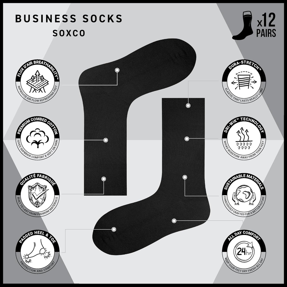 SOXCO Lot de 12 paires de chaussettes homme | Chaussettes habillées mi-mollet riches en coton | Tissu respirant idéales pour le travail et le quotidien | Noir, Blanc, Gris, Bleu Marine