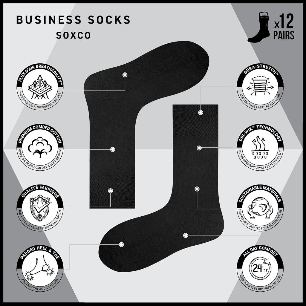 SOXCO Lot de 12 paires de chaussettes homme | Chaussettes habillées mi-mollet riches en coton | Tissu respirant idéales pour le travail et le quotidien | Noir, Blanc, Gris, Bleu Marine