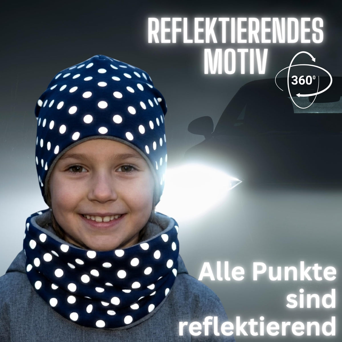 HECKBO 360° Reflektor Kinder Mütze & Loop Schal Set - 95% Baumwolle - weiches & pflegeleichtes Stretch-Material - Beanie Frühling Herbst Winter (48-54 cm)