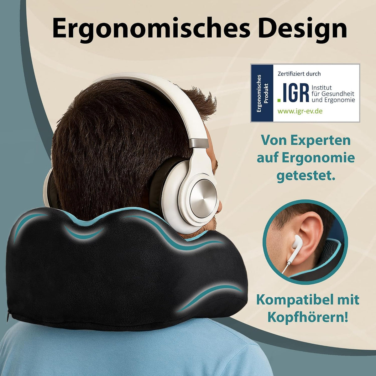 FLOWZOOM Comfy Nackenkissen Flugzeug & Auto mit Kapuze - Einstellbares Memory Foam Reisekissen mit Druckknöpfen für 360° Stütze, weicher Bezug - inkl. Transportbeutel - Grau