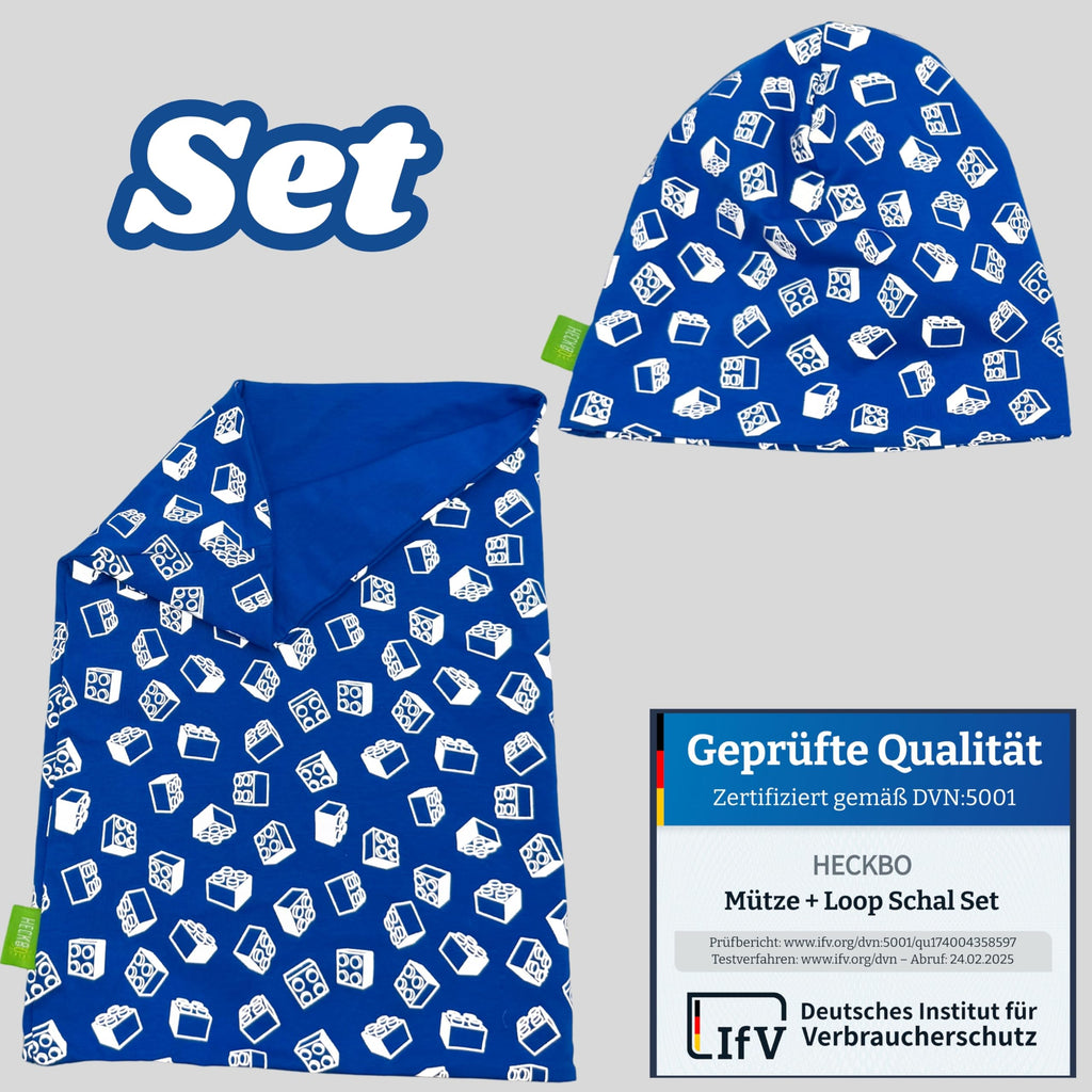 HECKBO 360° Reflektor Kinder Mütze & Loop Schal Set - 95% Baumwolle - weiches & pflegeleichtes Stretch-Material - Beanie Frühling Herbst Winter (48-54 cm)