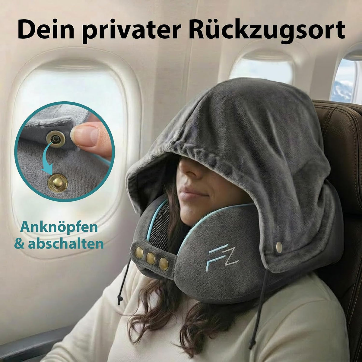 FLOWZOOM Comfy Nackenkissen Flugzeug & Auto mit Kapuze - Einstellbares Memory Foam Reisekissen mit Druckknöpfen für 360° Stütze, weicher Bezug - inkl. Transportbeutel - Grau