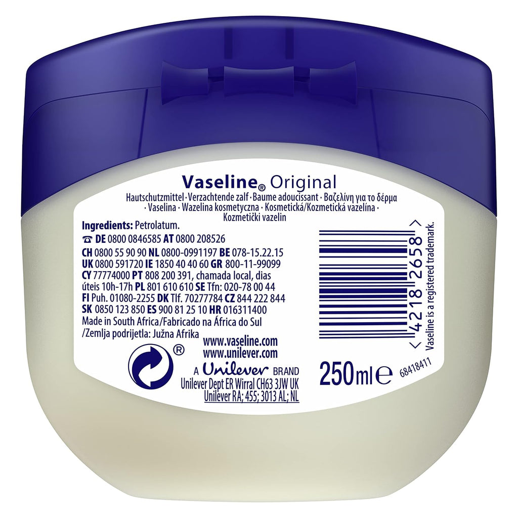 Vaseline Original Petroleum Jelly Moisturruiser Hautpflege für rissige, trockene Haut und Ekzemlinderung 6 x 250 ml