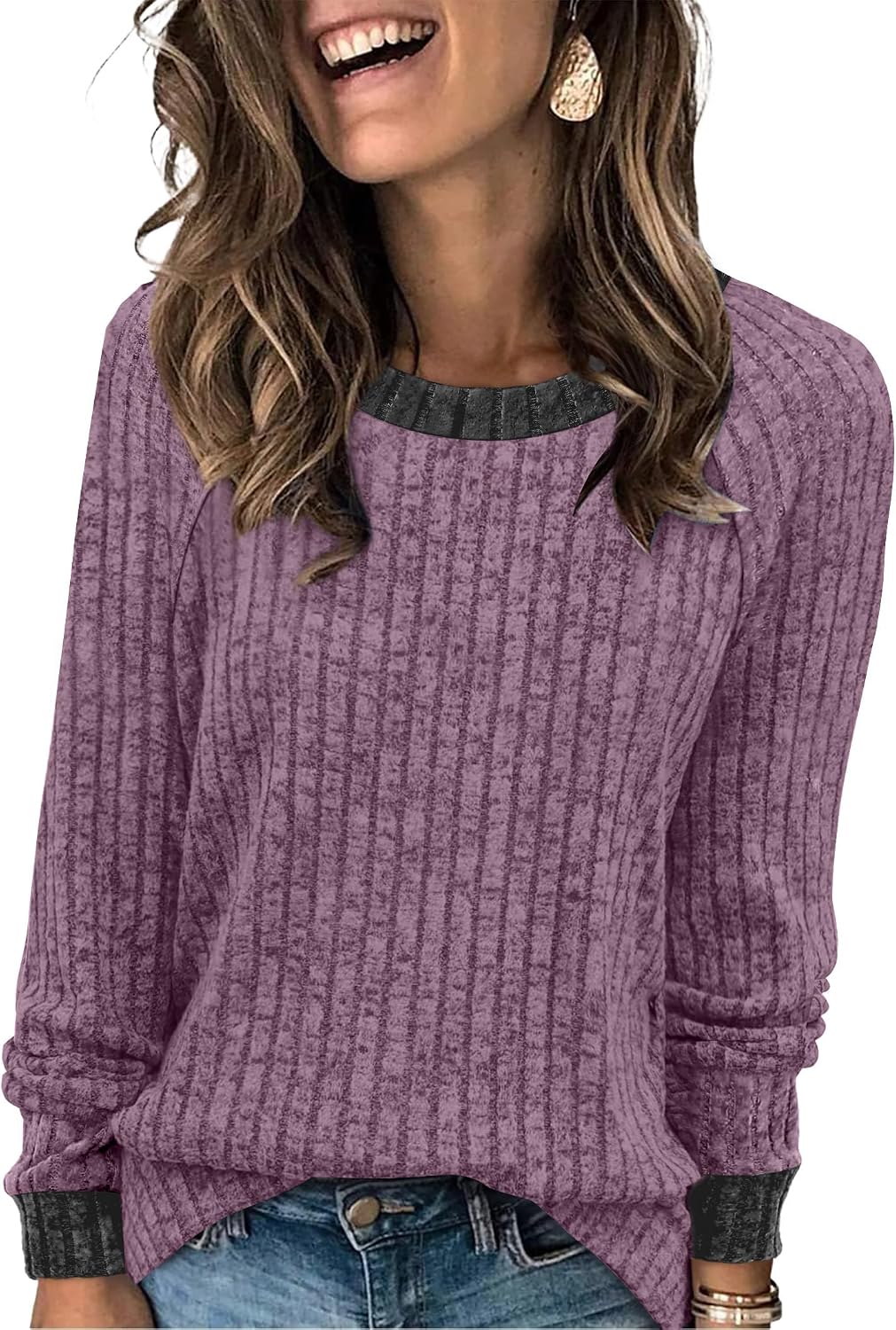 WIHOLL Langarmshirts für Damen Leichte Pullover Herbstoutfits 2026 Color-Block Winterkleidung Schick Lässig Weich