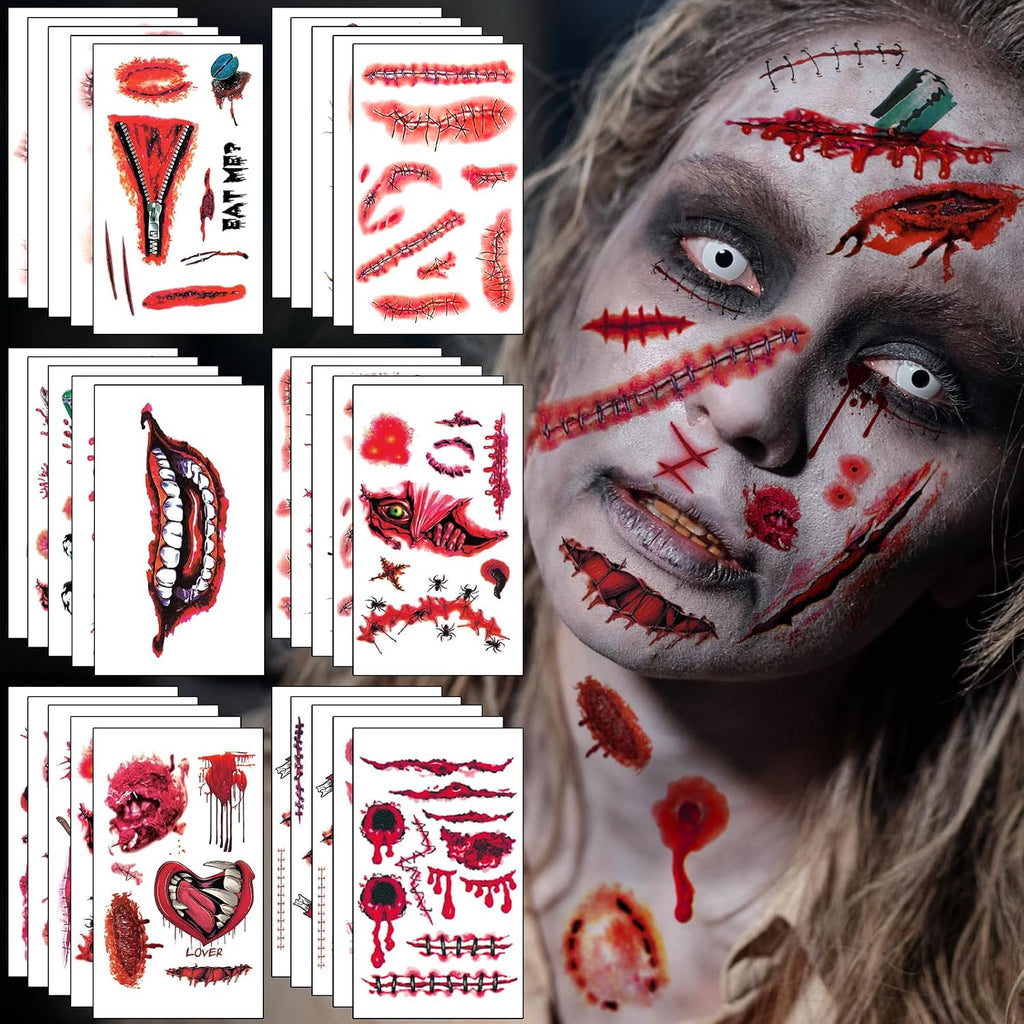 Tatouage Halloween Temporaire, 50 Feuilles Fausse Cicatrice Plaie Halloween