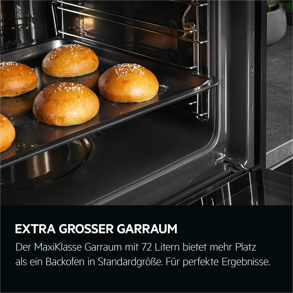 AEG Einbaubackofen, Serie 5 Ringheißluft: Gleichmäßige Garergebnisse auf 3 Ebenen, Pyrolyse Selbstreinigung, 45 Automatikprogramme, LED-Touchdisplay, Schnellaufheizung, Edelstahl, OU5PB40WSM