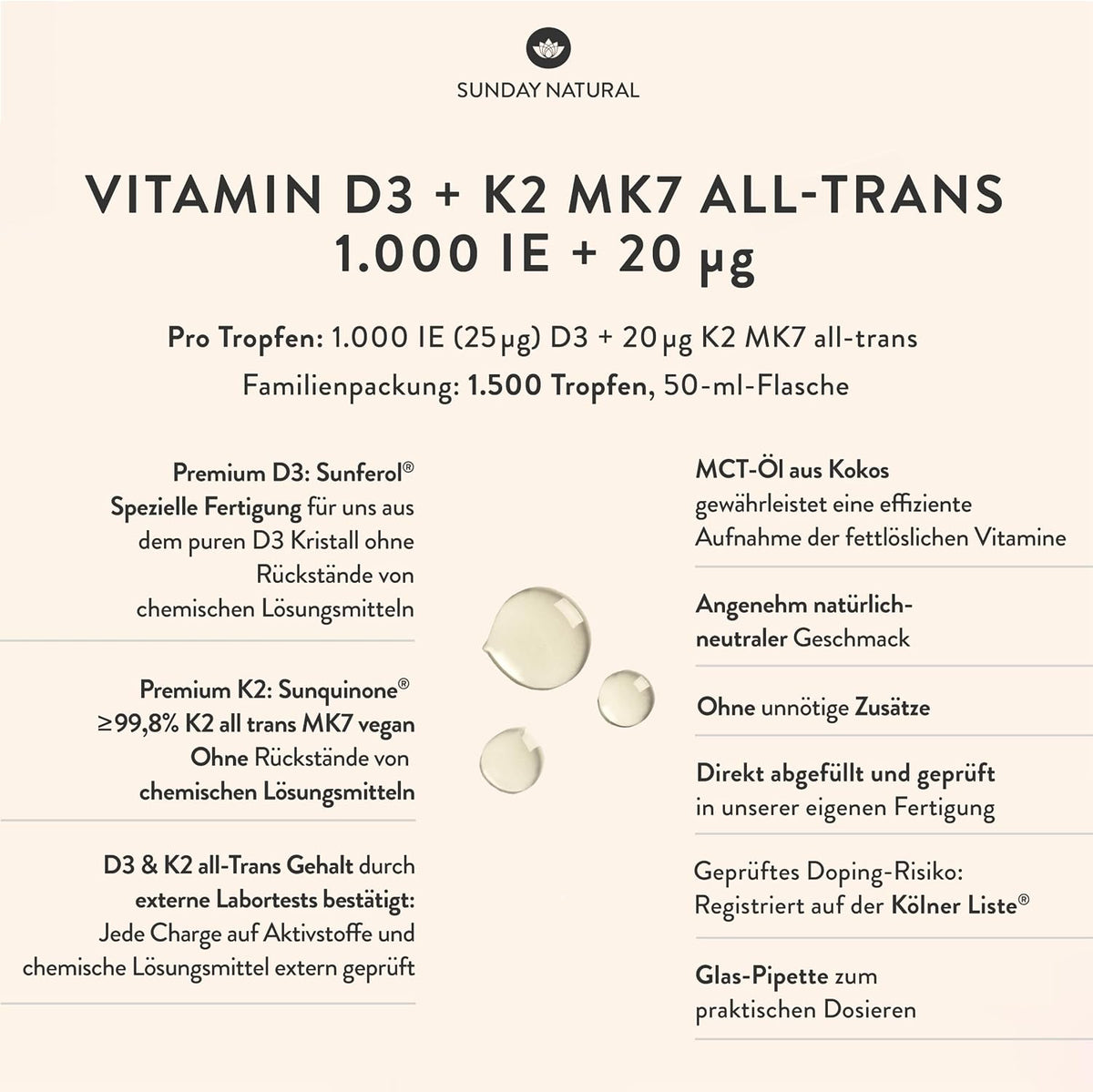 SUNDAY NATURAL® Vitamin D3 + K2 Tropfen - Premium: 99,8+% All-Trans + hoch bioverfügbares Vitamin D3 - Laborgeprüft in Deutschland, hochdosiert, flüssig - Perfekt zum Teilen