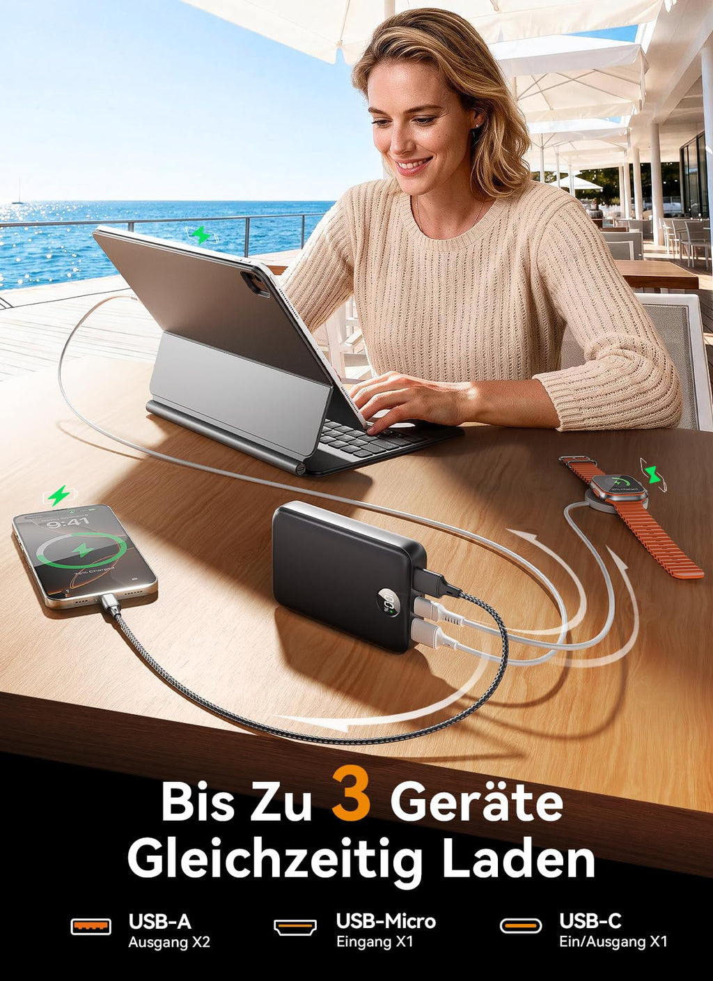 Power Bank 27000mAh, Ultra Kompakte Powerbank Schnellladen mit 3-in-1 Kabel