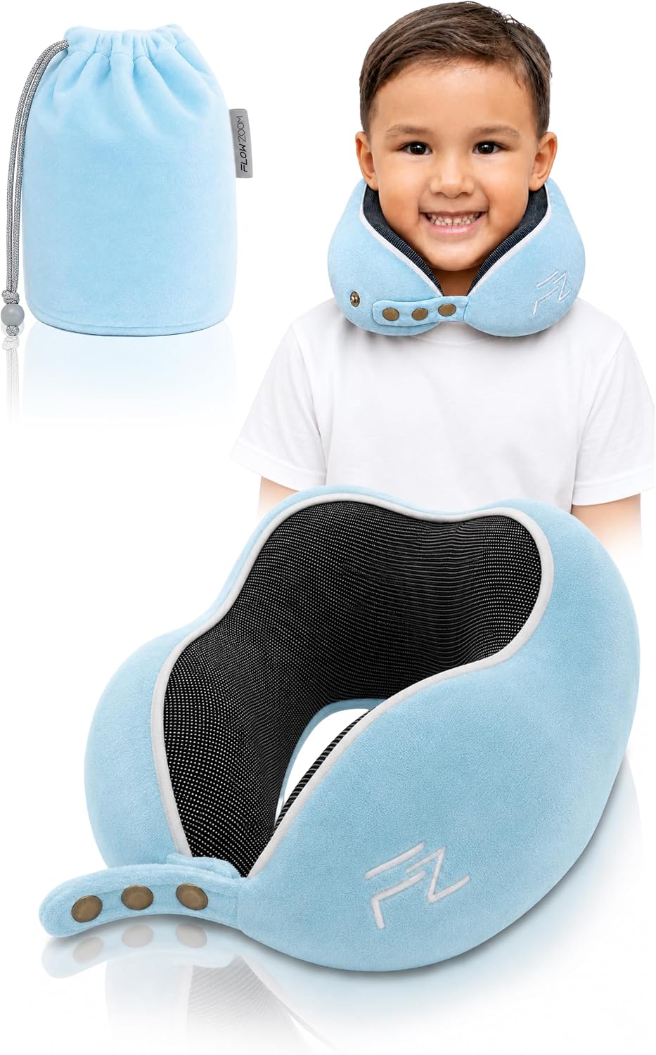 FLOWZOOM Comfy Nackenkissen Flugzeug & Auto mit Kapuze - Einstellbares Memory Foam Reisekissen mit Druckknöpfen für 360° Stütze, weicher Bezug - inkl. Transportbeutel - Grau