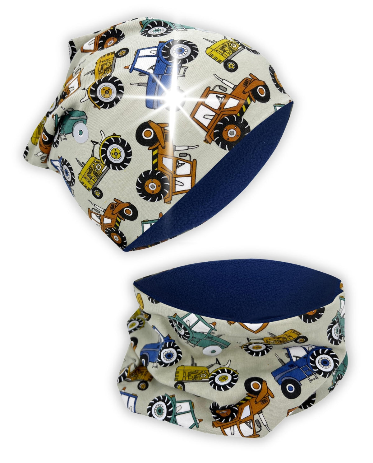 HECKBO 360° Reflektor Kinder Mütze & Loop Schal Set - 95% Baumwolle - weiches & pflegeleichtes Stretch-Material - Beanie Frühling Herbst Winter (48-54 cm)