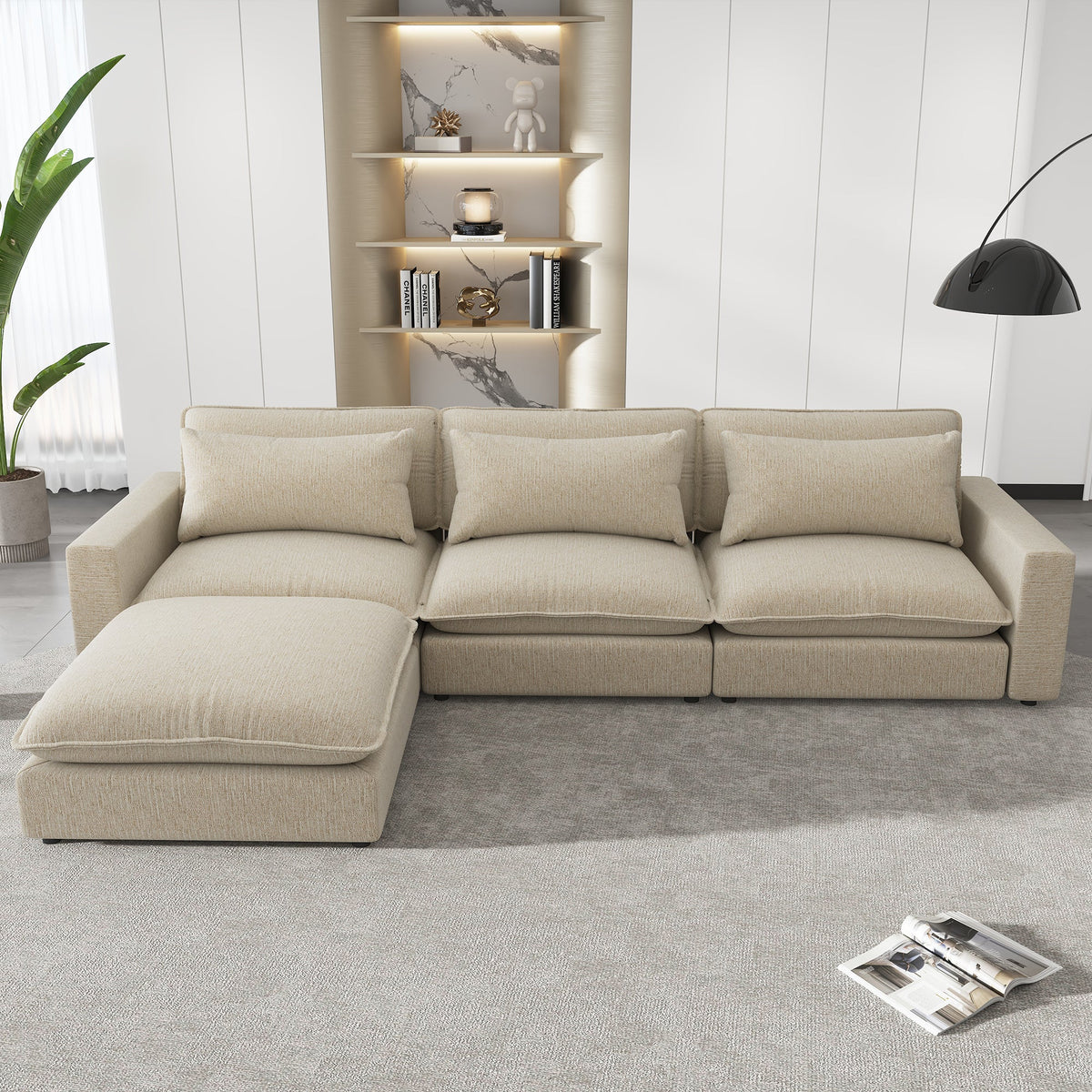 128" Sectional Sofa Cloud Sofa Chenille Upholstered Sofa  Couch With Movable Ottoman, Comfortable Seat Cushions, Chargin