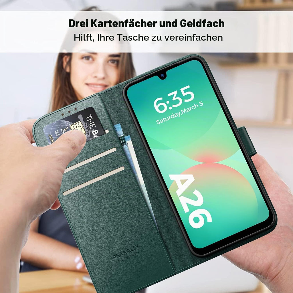 Peakally Handyhülle für Samsung Galaxy A17 5G Hülle [Mit 1 Stück Panzer Schutz Glas] [Premium PU Leder] [RFID-Blockierung] [Kartenfach] Klapphülle kompatibel mit Galaxy A17 5G / 4G - Grün