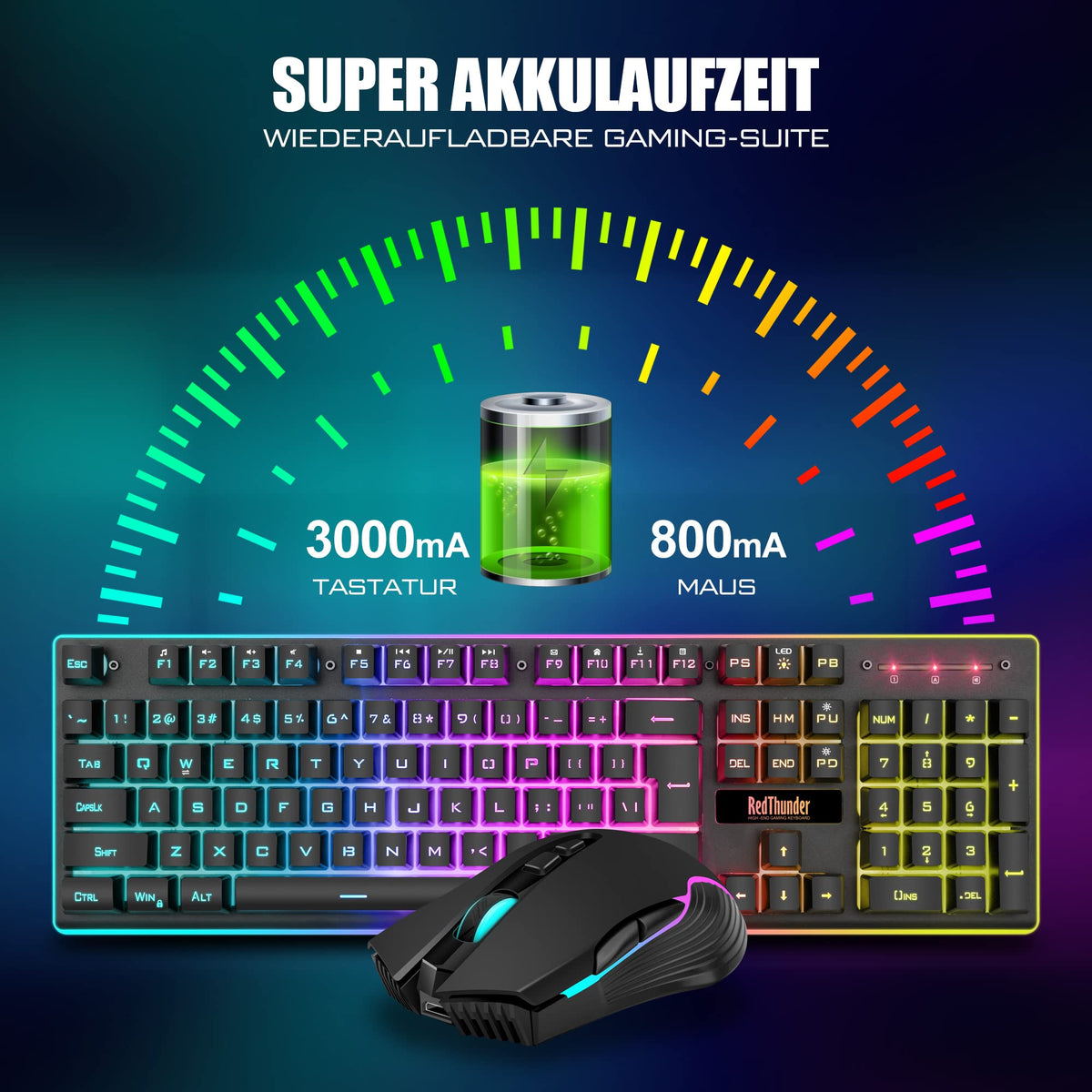 RedThunder K10 Kabelloses Gaming Tastatur und Maus Set, QWERTZ DE-Layout LED Hintergrundbeleuchtung, 3000mA Batteriekapazität und 3200 DPI für Gamer(Weiß)
