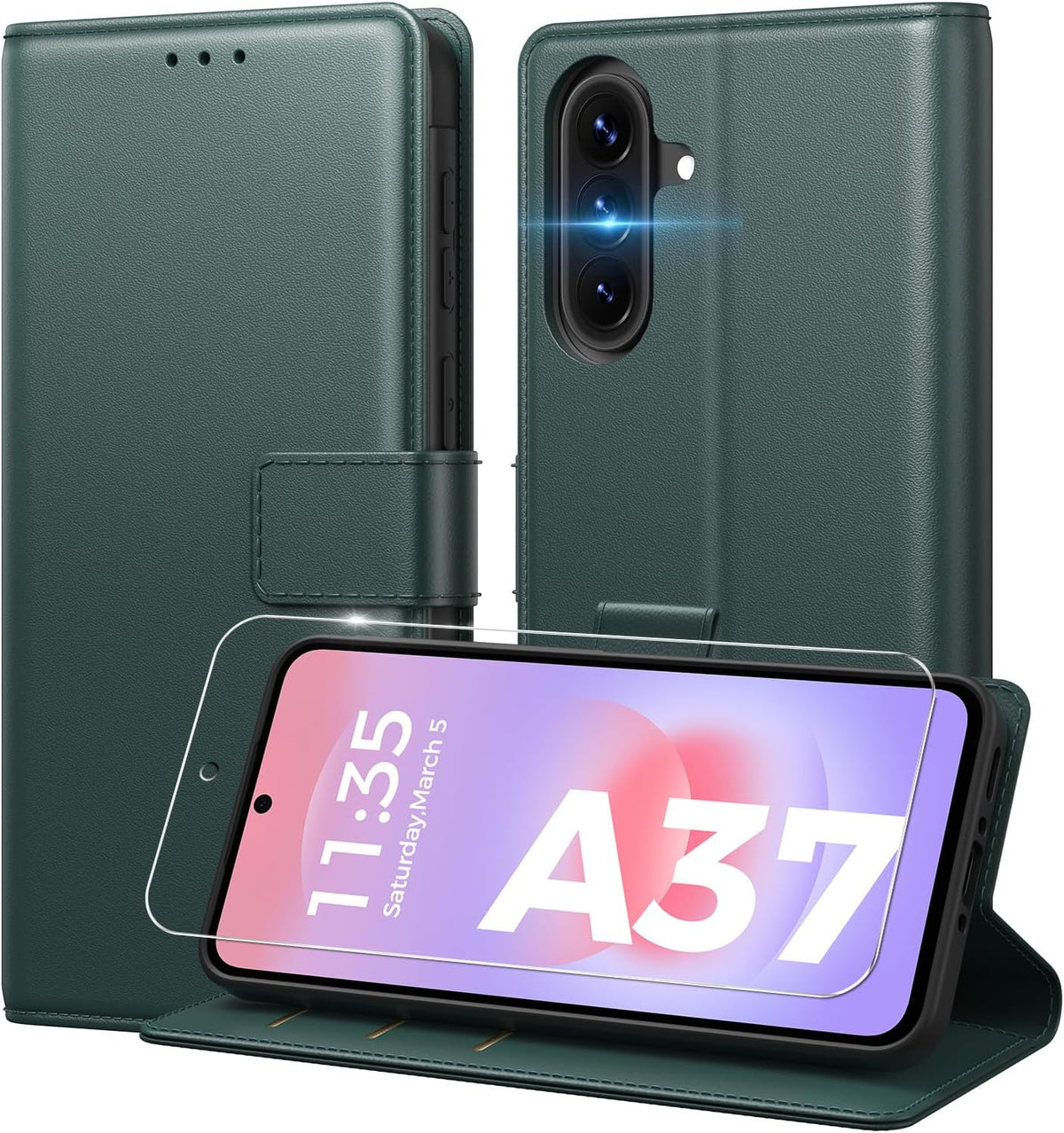 Peakally Handyhülle für Samsung Galaxy A17 5G Hülle [Mit 1 Stück Panzer Schutz Glas] [Premium PU Leder] [RFID-Blockierung] [Kartenfach] Klapphülle kompatibel mit Galaxy A17 5G / 4G - Grün