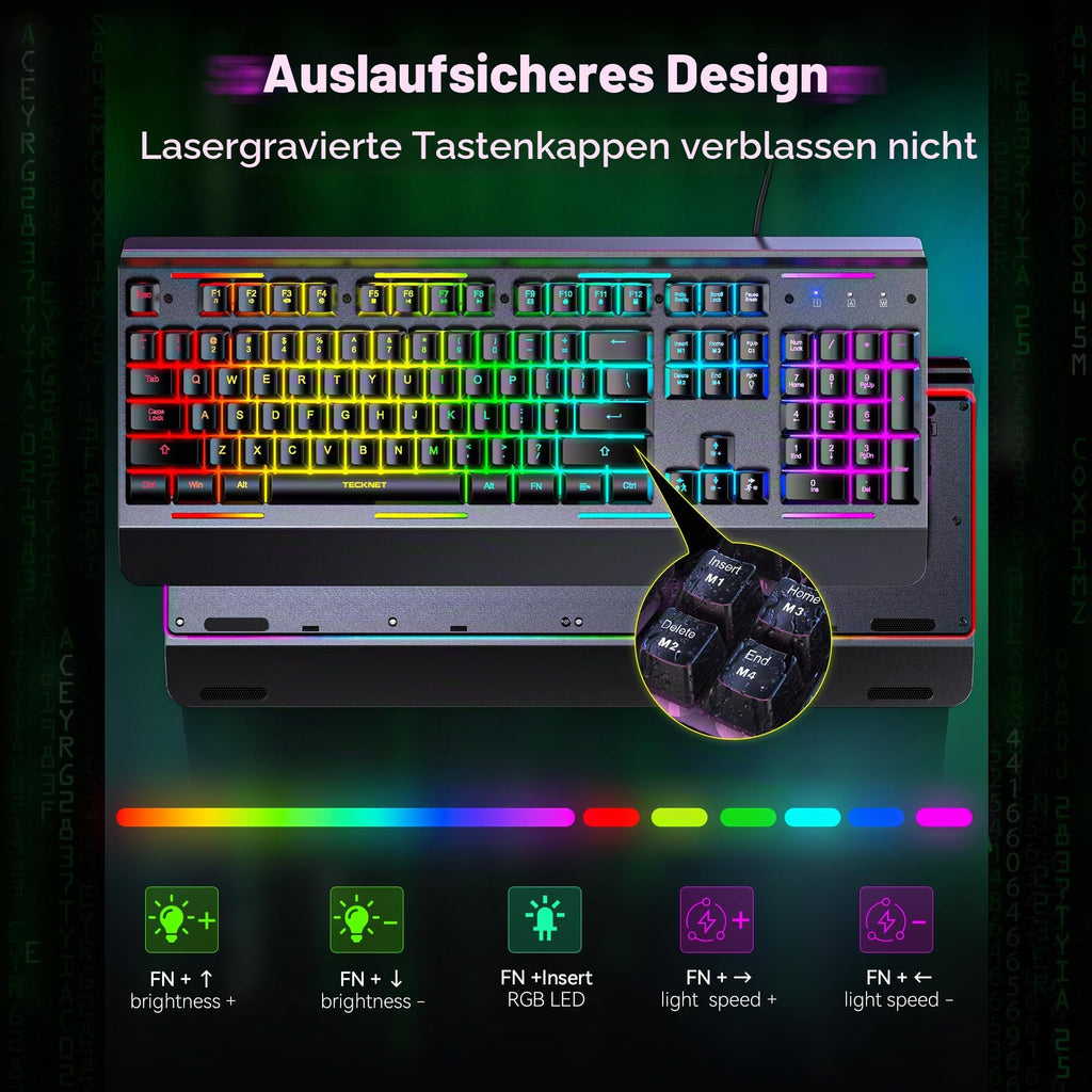 TECKNET Gaming Tastatur 105 Tasten Membrantastatur mit Vollmetall-Gehäuse