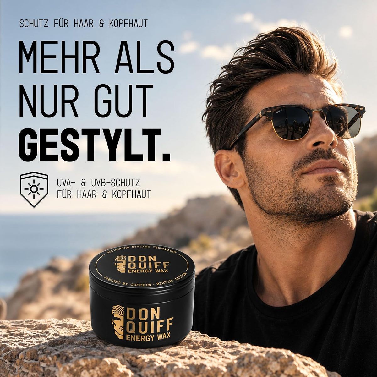 Don Quiff Energy Wax – Haarwachs für Männer aus Die Höhle der Löwen – starker matter Halt, Clay Pomade mit Coffein, Biotin & Ectoin, UVA/UVB-Filter – 80 ml – Made in Germany