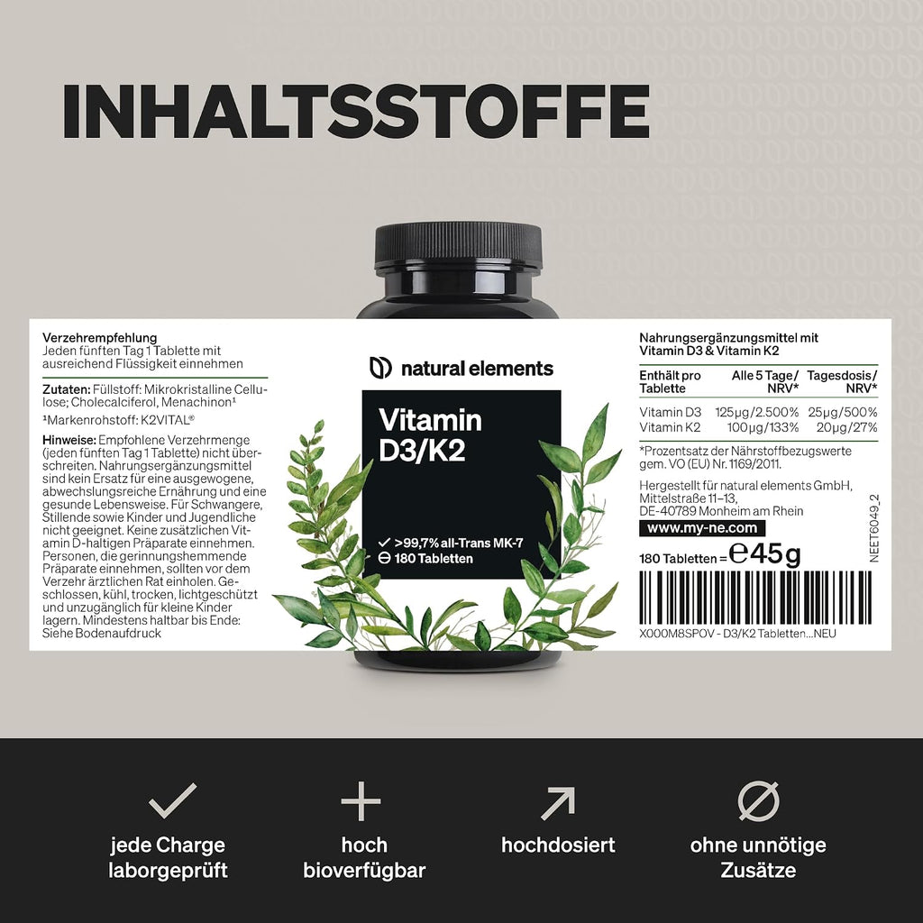 natural elements Vitamin D3 + K2 Depot – 180 Tabletten – Premium-Qualität: K2VITAL® von Kappa – 99,7+% All-Trans K2-MK7 + 5000 IE Vitamin D3 – hochdosiert, ohne Zusätze – laborgeprüfte Qualität