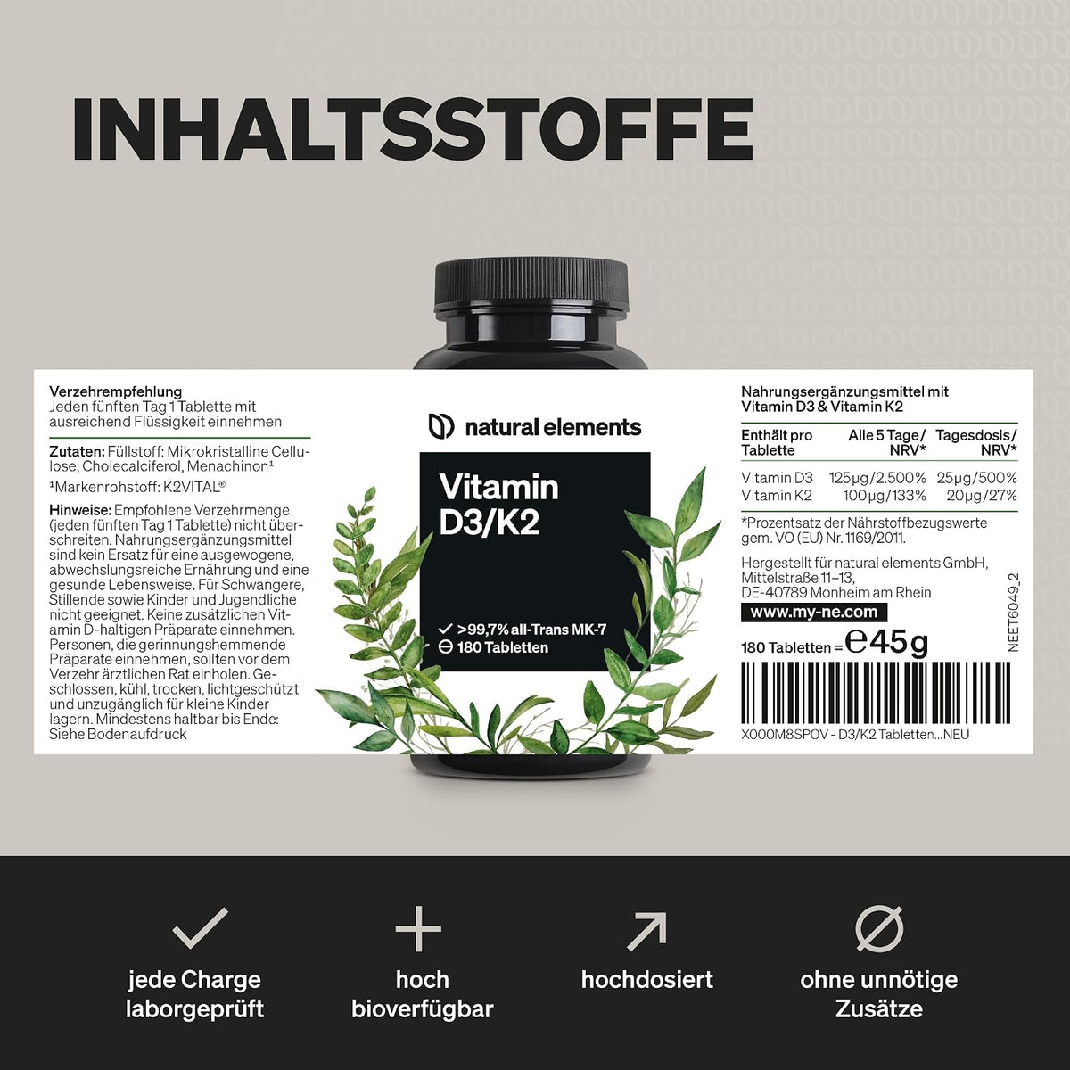 natural elements Vitamin D3 + K2 Depot – 180 Tabletten – Premium-Qualität: K2VITAL® von Kappa – 99,7+% All-Trans K2-MK7 + 5000 IE Vitamin D3 – hochdosiert, ohne Zusätze – laborgeprüfte Qualität