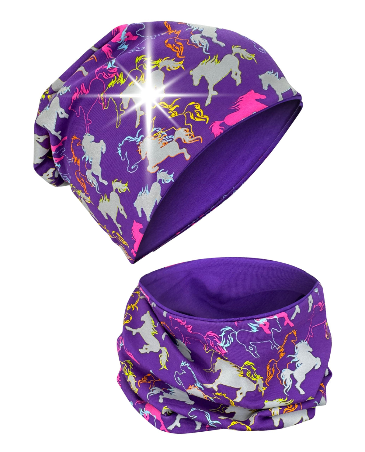 HECKBO 360° Reflektor Kinder Mütze & Loop Schal Set - 95% Baumwolle - weiches & pflegeleichtes Stretch-Material - Beanie Frühling Herbst Winter (48-54 cm)