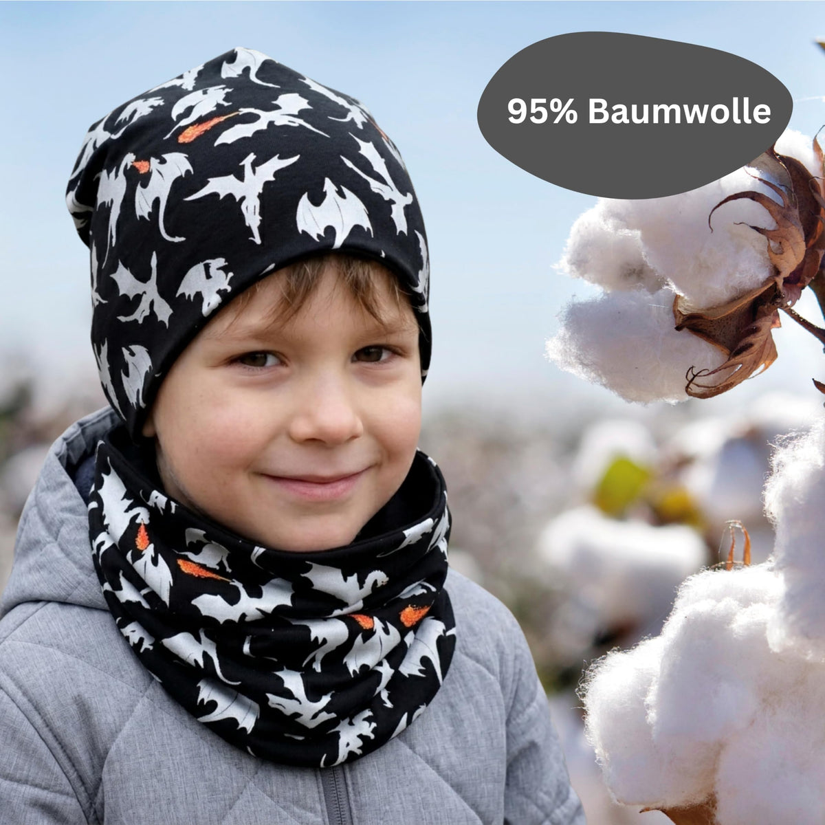 HECKBO 360° Reflektor Kinder Mütze & Loop Schal Set - 95% Baumwolle - weiches & pflegeleichtes Stretch-Material - Beanie Frühling Herbst Winter (48-54 cm)