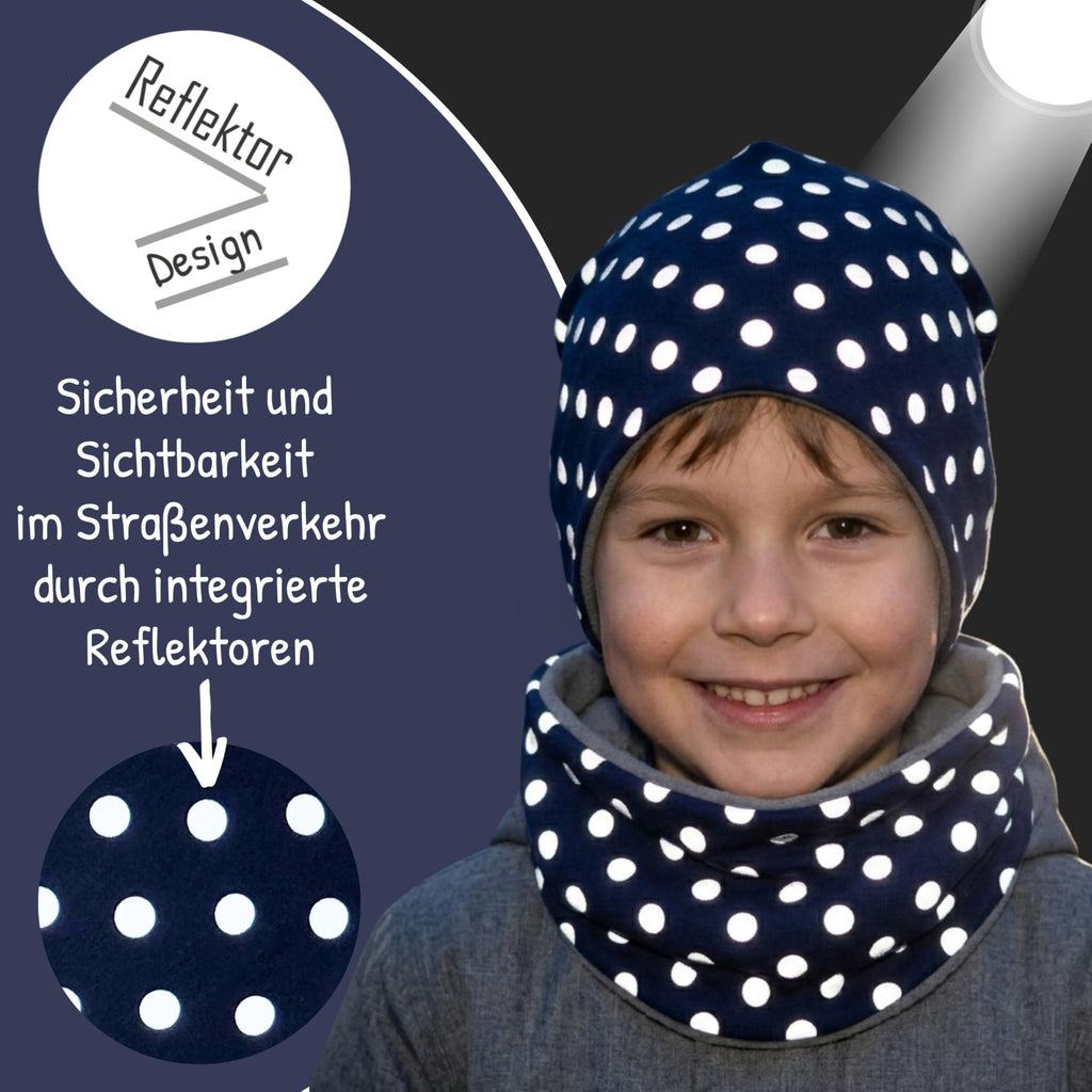 HECKBO 360° Reflektor Kinder Mütze & Loop Schal Set - 95% Baumwolle - weiches & pflegeleichtes Stretch-Material - Beanie Frühling Herbst Winter (48-54 cm)