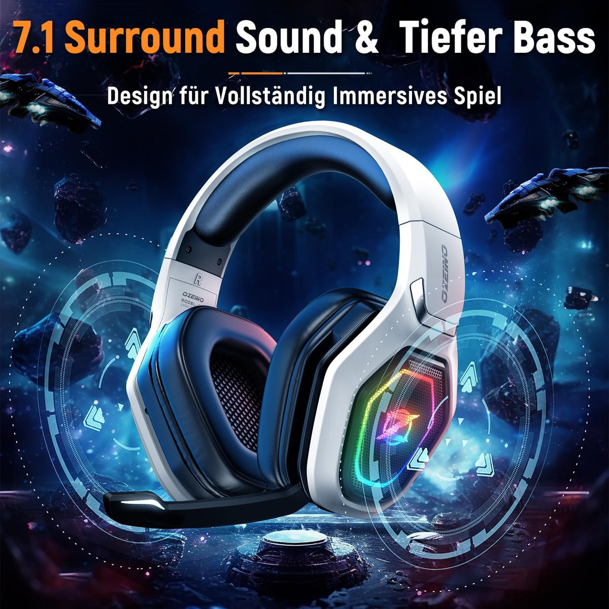 Ozeino 2.4GHz Gaming Headset Wireless mit Mikrofon Geräuschunterdrückung für Ps5/PC/Ps4/Mac, Bluetooth Headset mit RGB Licht, Gaming kopfhörer 40H+ Akkulaufzeit