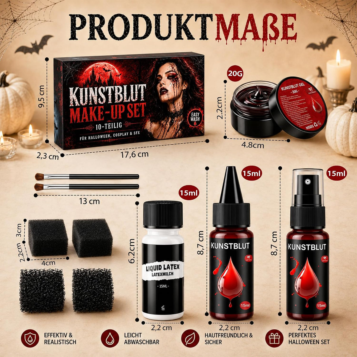 Kunstblut Halloween Fake Blood Schminke Make Up 10er Set Auswaschbar