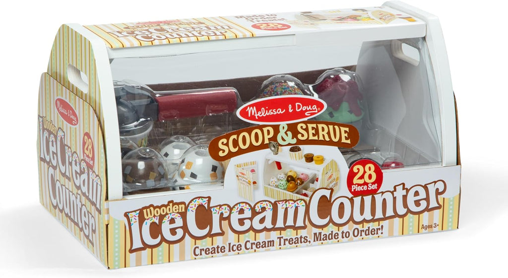 Melissa & Doug Wooden Scoop & Serve Ice Cream Counter, Pretend Play Store, 28 Toy Food & Play Kitchen Accessories, Preschool Toys for Girls & Boys 3+