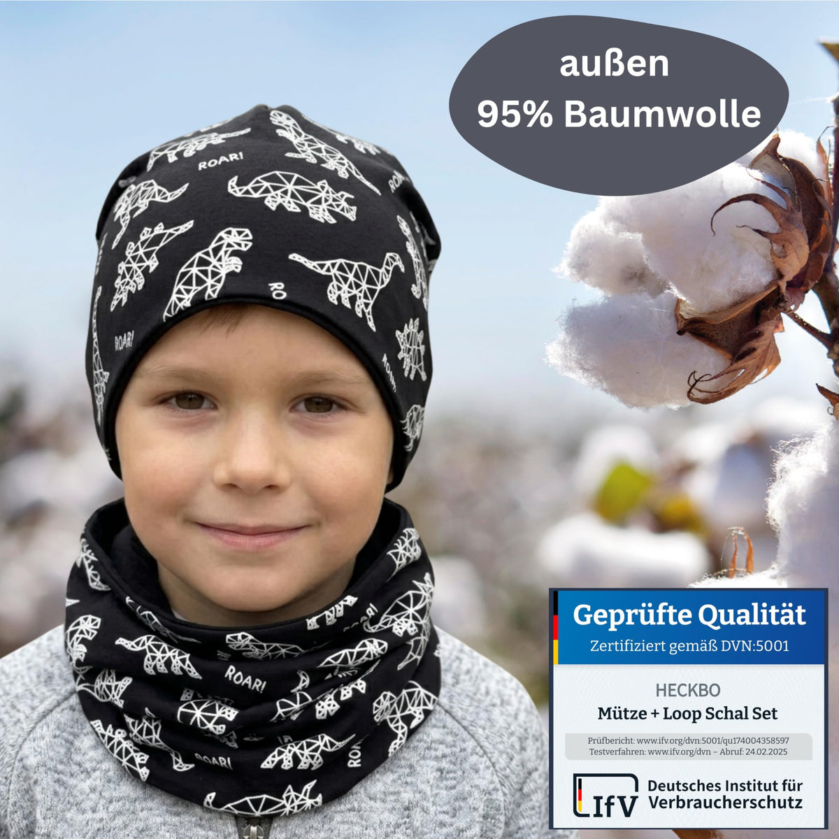 HECKBO 360° Reflektor Kinder Mütze & Loop Schal Set - 95% Baumwolle - weiches & pflegeleichtes Stretch-Material - Beanie Frühling Herbst Winter (48-54 cm)