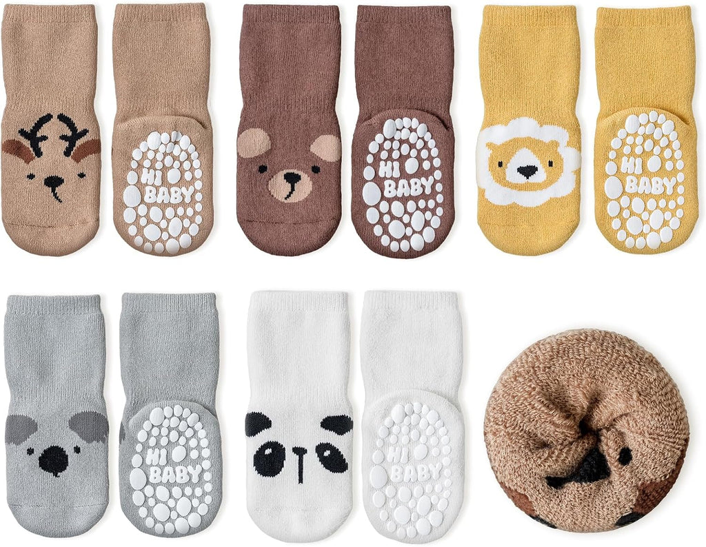 SockWaddles Chaussettes de bébé, 5 paires de chaussettes antidérapantes ABS respirantes pour enfants, chaussettes de bébé en coton, garçons et filles avec des animaux et des licornes