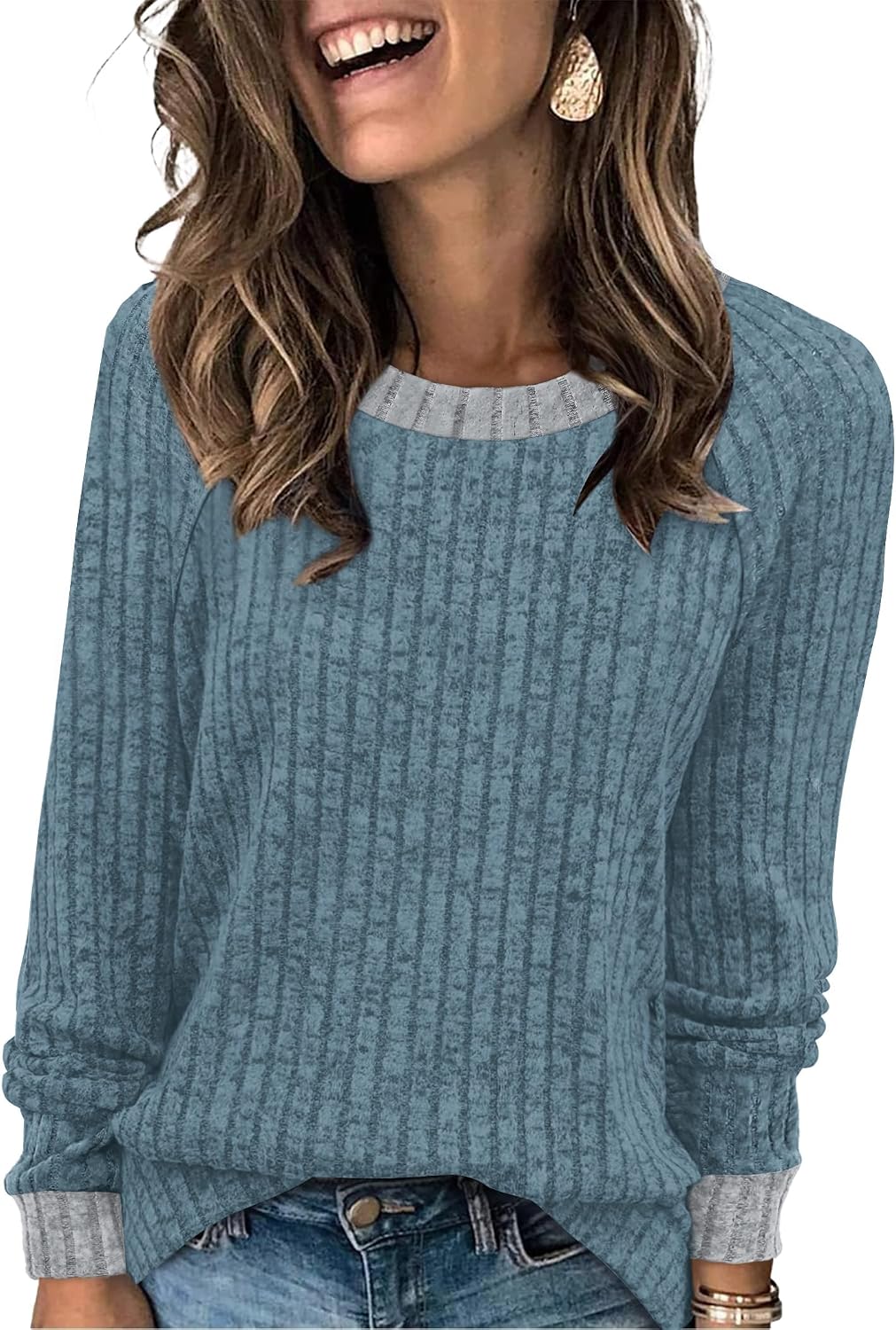 WIHOLL Langarmshirts für Damen Leichte Pullover Herbstoutfits 2026 Color-Block Winterkleidung Schick Lässig Weich