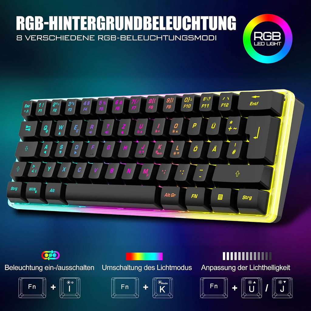 RedThunder 60% Kabelloses RGB Gaming Tastatur und Maus Set, QWERTZ DE Layout, Wiederaufladbare Funktastatur mit Ultraleichte Gaming Maus mit Wabenkonstruktion, für PC MAC PS5 Xbox Gamer, Büro.