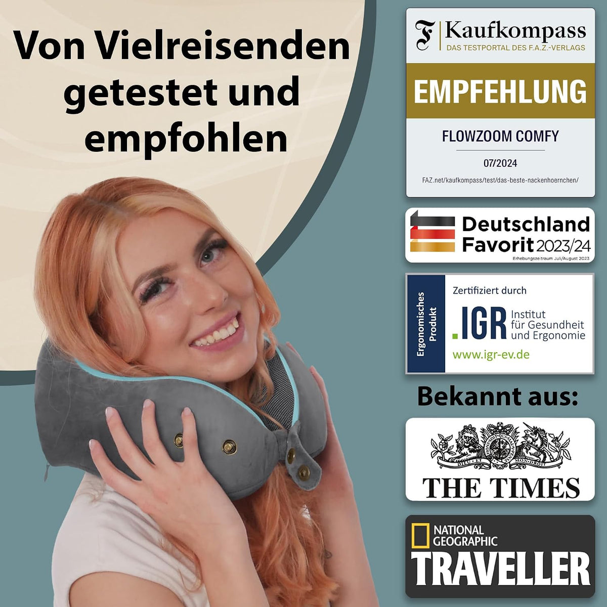 FLOWZOOM Comfy Nackenkissen Flugzeug & Auto mit Kapuze - Einstellbares Memory Foam Reisekissen mit Druckknöpfen für 360° Stütze, weicher Bezug - inkl. Transportbeutel - Grau