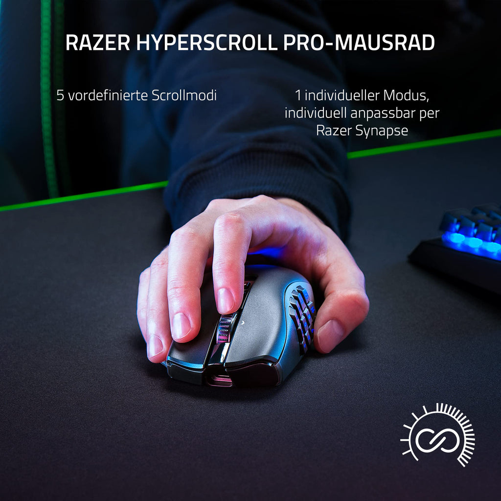 Razer Naga V2 HyperSpeed - Ergonomische Kabellose MMO Gaming Maus (19 Programmierbaren Tasten, Wireless 2,4 GHz, Bluetooth, Bis zu 250 Stunden, Focus Pro 30K Optischer Sensor) Schwarz