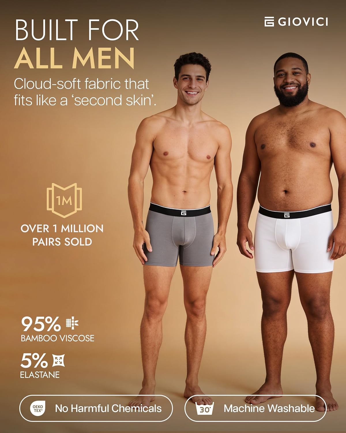 Giovici Mens Boxers Bamboo Anti Chafing Soft Comfortable Boxer Briefs Longer Leg - Boxer Shorts Multipack - Moisture Wicking Technology