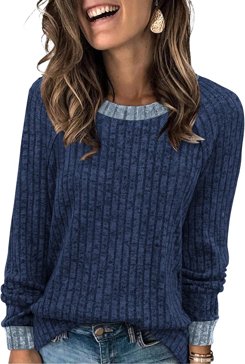 WIHOLL Langarmshirts für Damen Leichte Pullover Herbstoutfits 2026 Color-Block Winterkleidung Schick Lässig Weich